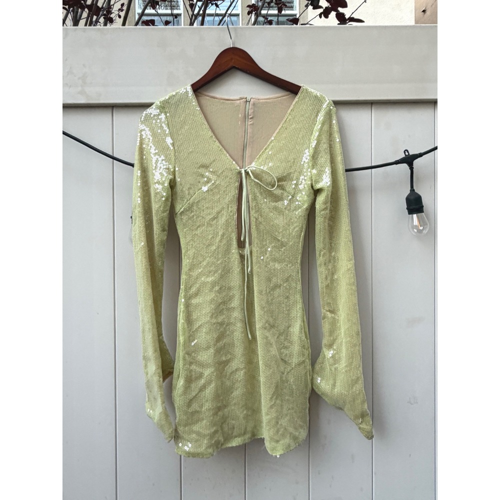 Musera Lime Green Sequin Mini Dress Long Sleeve Cutout Tie Front Party Size S